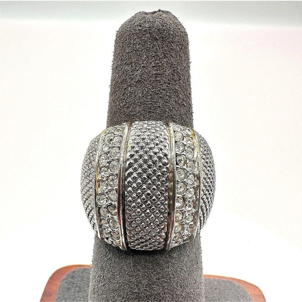 Vintage Y2K Silver Tone Textured Dome Ring Rhinestone Statement Chunky Jewelry